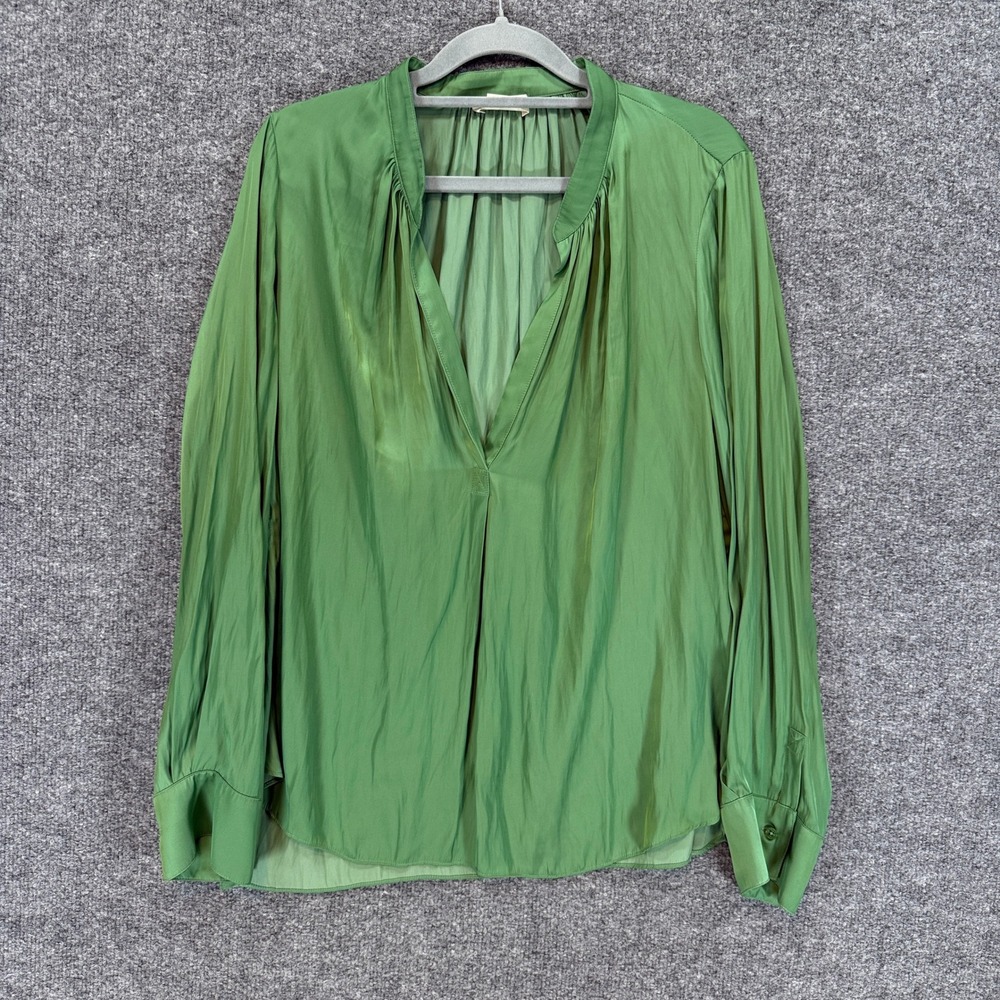 Zadig & Voltaire Blouse Women Large Green Tink Satin Vneck Long Sleeve Gathered